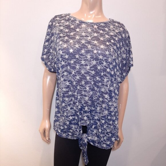 3/$20 CHERISH Slouchy Burnout Tee Sheer Star Print Tie Hem Short Sleeve Top - Picture 11 of 11
